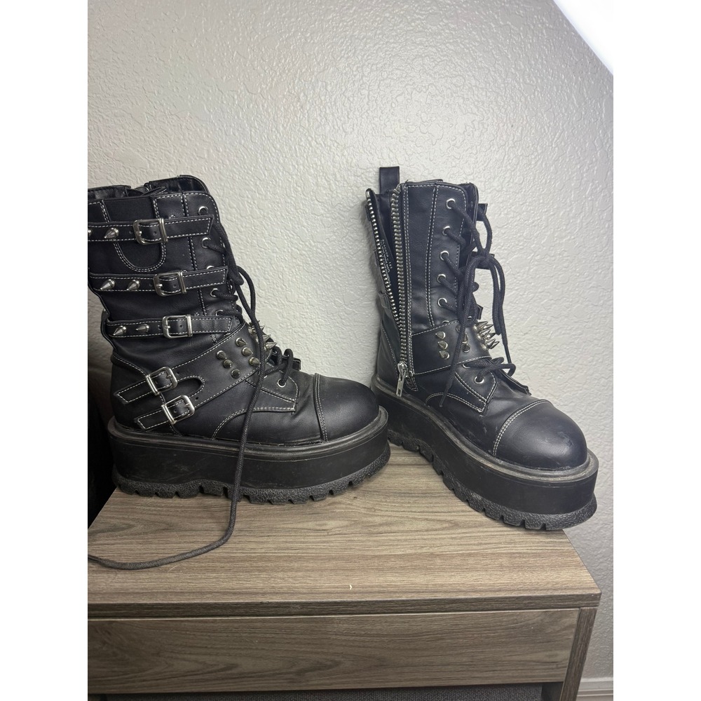 Demonia Slacker-165 Black Spiked Platform Buckle Boots Womens 6 Gothic Punk